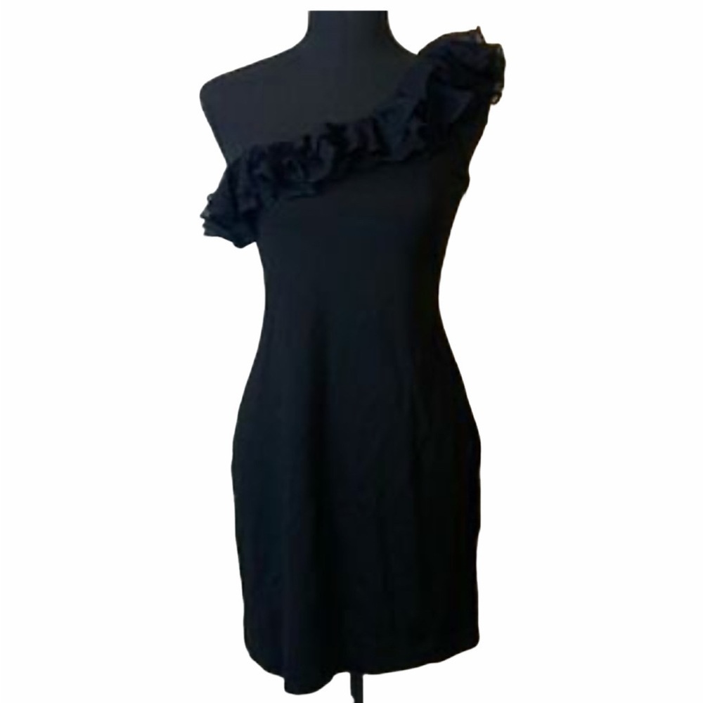 Nwt Jaygodfrey One Shoulder Dress With Lace Ruffle Trim Black Size 12